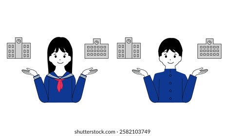 Illustration of male and female students comparing schools with smiles. They are wearing Japanese school uniforms, sailor uniforms, and school runs.