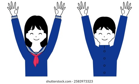 Illustration of male and female students doing banzai. They are wearing Japanese uniforms.