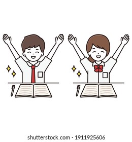 Illustration of male and female students hurray with a smile