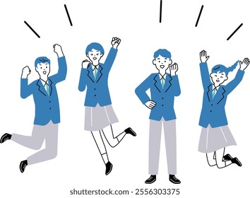 Illustration of male and female students jumping with joy