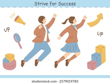 Illustration of male and female students jumping toward their goals