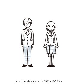 It is an illustration of male and female students lined up. In the line drawing, there is no fill part. Vector.