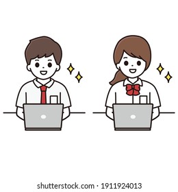 Illustration of male and female students smiling in front of a computer