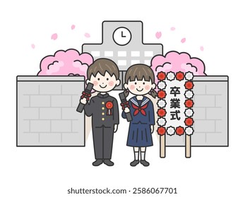 Illustration of male and female students standing in front of the school building at the graduation ceremony.
The Japanese word "sotsigyoshiki" is the English word for graduation ceremony.