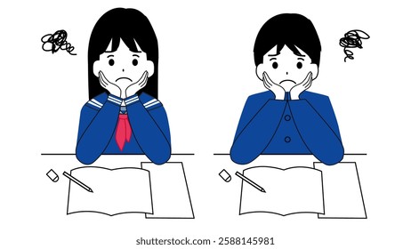 Illustration of male and female students struggling with their studies. There is a notebook on the desk.