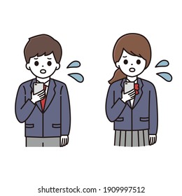 Illustration of male and female students in uniforms operating smartphones with troubled faces