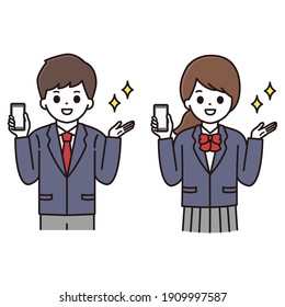 Illustration of male and female students in uniforms explaining smartphones with a smile