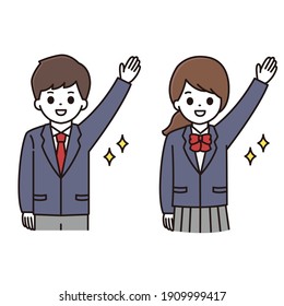 Illustration of male and female students in uniforms raising their hands with a smile