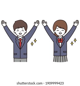 Illustration of male and female students in uniforms hurray with a smile