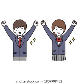 Illustration of male and female students in uniforms doing guts poses with a smile