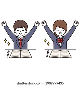 Illustration of male and female students in uniforms doing guts poses with a smile