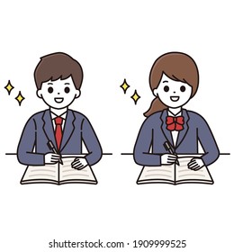 Illustration of male and female students in uniforms studying with a smile