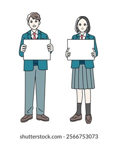 Illustration of male and female students wearing school uniforms holding flip flops in their hands