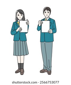 Illustration of male and female students wearing school uniforms holding flip flops in their hands