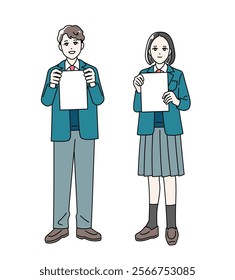 Illustration of male and female students wearing school uniforms holding flip flops in their hands