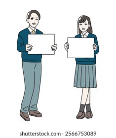 Illustration of male and female students wearing school uniforms holding flip flops in their hands