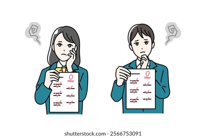 Illustration of male and female students wearing school uniforms holding test answer sheets in their hands