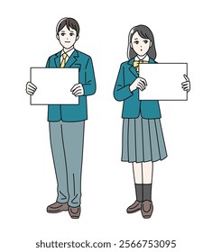 Illustration of male and female students wearing school uniforms holding flip flops in their hands