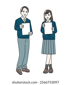 Illustration of male and female students wearing school uniforms holding flip flops in their hands