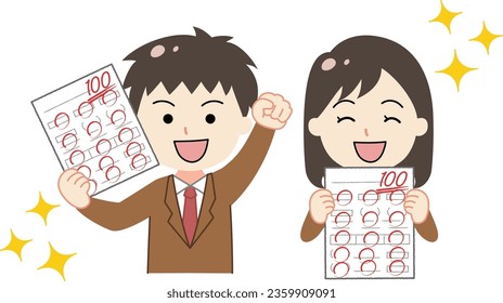 Illustration of male and female students who are happy with their grades