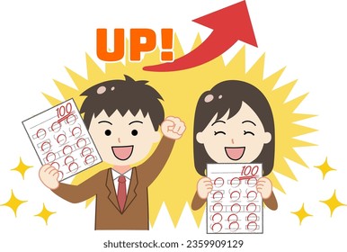 Illustration of male and female students who are happy with their grades