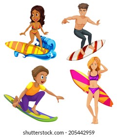 Illustration of the male and female surfers on a white background