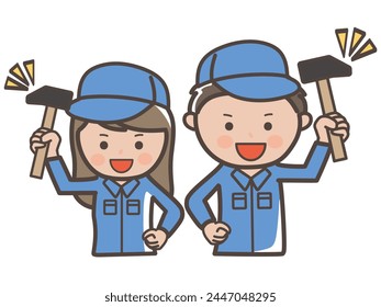 Illustration of a male and female worker (cleaning worker) holding a hammer and doing a fighting pose