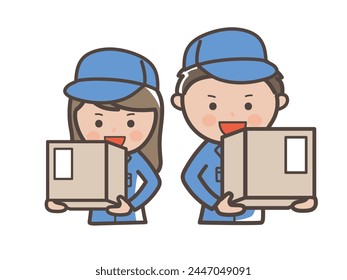 Illustration of a male and female worker (delivery person) carrying a cardboard package