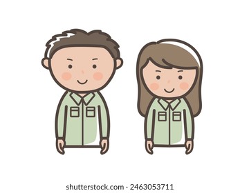 Illustration of a male and female worker (delivery person) in work clothes facing forward with a smile_without hat