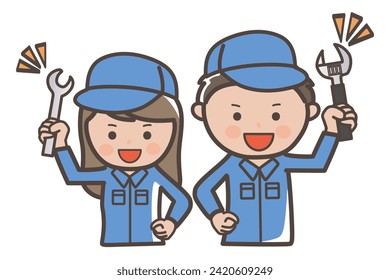 Illustration of male and female workers and cleaners holding tools and doing a fighting pose