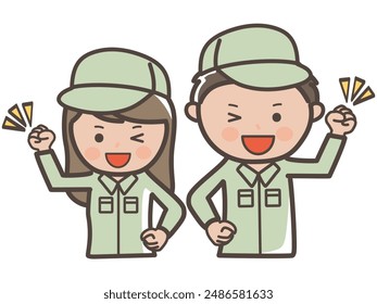 Illustration of male and female workers (cleaners) pumping their fists in excitement