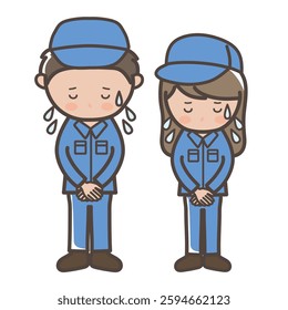 Illustration of male and female workers (cleaners) in work clothes apologizing in a hurry