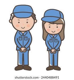 Illustration of male and female workers (cleaning staff) in work clothes standing with their hands folded in front of them