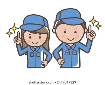 Illustration of male and female workers (cleaning staff) pointing with their index fingers and explaining points