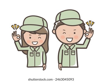 Illustration of male and female workers (delivery workers) in work clothes doing an OK pose of understanding