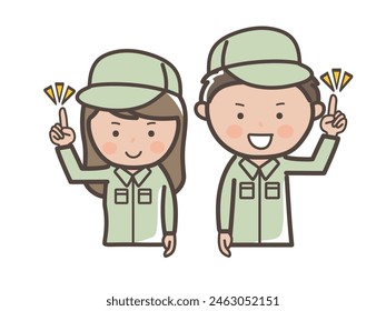 Illustration of male and female workers (delivery workers) in work clothes explaining points with a pointing pose