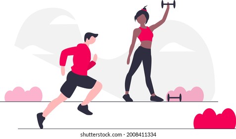 illustration male and female working out, running, fitness. Vector illustrations