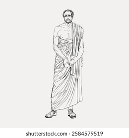 Illustration of a male figure in ancient Greek attire, toga draped elegantly. Greek toga, male figure, ancient attire, classical Greek style, toga illustration. Vintage roman illustration vector.