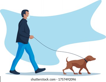 Illustration of male figures walking a dog and wearing masks