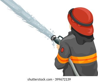 Ilustración de un bombero masculino utilizando una manguera de bomberos