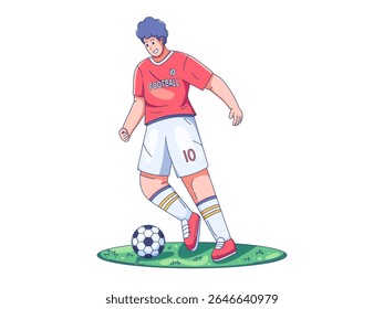 ilustração de um jogador de futebol masculino vestindo uma camisa vermelha e branca, no ato de driblar habilmente uma bola de futebol através de um campo de grama verde, transmitindo movimento dinâmico e proeza atlética.