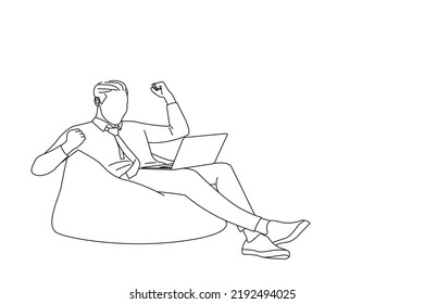 Illustration of male freelancer gesturing like winner laptop isolated on white color background. Oneline art drawing style
