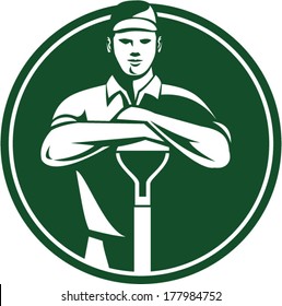 Illustration of male gardener landscaper horticulturist with shovel spade facing front done in retro style set inside circle.