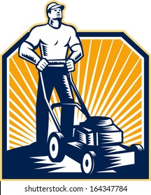 Illustration of male gardener mowing with lawn mower facing front done in retro woodcut style on isolated white background.