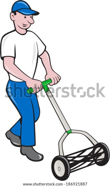 Illustration of male gardener mowing with\
manual lawn cylinder reel mower facing front done in cartoon style\
on isolated white\
background.