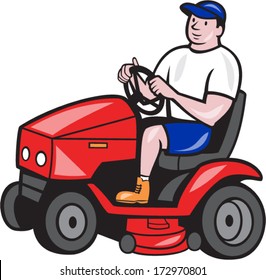 Illustration Of Male Gardener Riding Mowing With Ride-on Lawn Mower Facing Side Done In Cartoon Style On Isolated White Background.