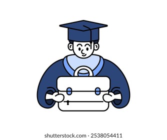 illustration of a male graduate holding a briefcase. work after graduation. finding and getting a job after graduation. college student. outline style character design. elements