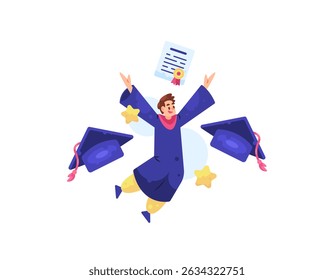 illustration of a male graduate jumping and looking happy because he successfully graduated. graduation concept. graduation attire. education, awards and achievements. flat style character design