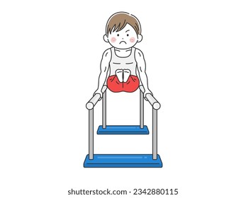 An illustration of a male gymnast performing on the parallel bars.