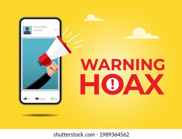 An illustration of a male hand holding megaphone on mobile phone with fake news